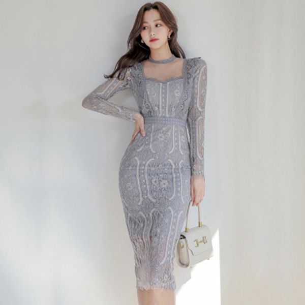 

casual dresses korean luxuriy hollow out lace dress 2021 spring women chic elegant business party vestidos, Black;gray