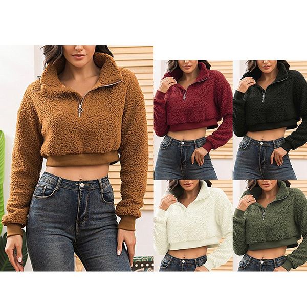 

long sleeve white cropped hoodie women autumn winter pullover short sweatshirt plush zipper faux fur fluffly sweatshirt, Black