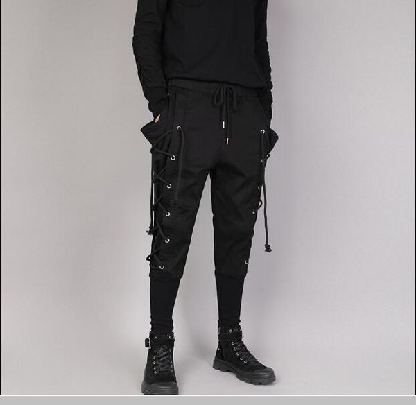 

tie rope cargo pants man streetwear joggers men trousers harajuku hip hop tactical function pants techwear, Black