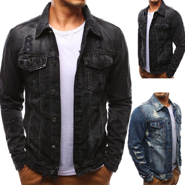 

denim jackets men slim fit bomber jacket men's ripped jean jacket hip hop streetwear black blue coats, Black;brown