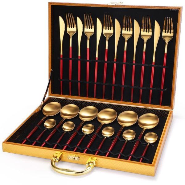 

brandom 24pcs knife spoon fork gold plated cutlery set with white/black/pink/red handle in wooden box1