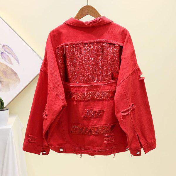 

new style sequins denim jackets for women short hole wild coat female red korean loose jeans denim jacket coat retro splice, Black;brown
