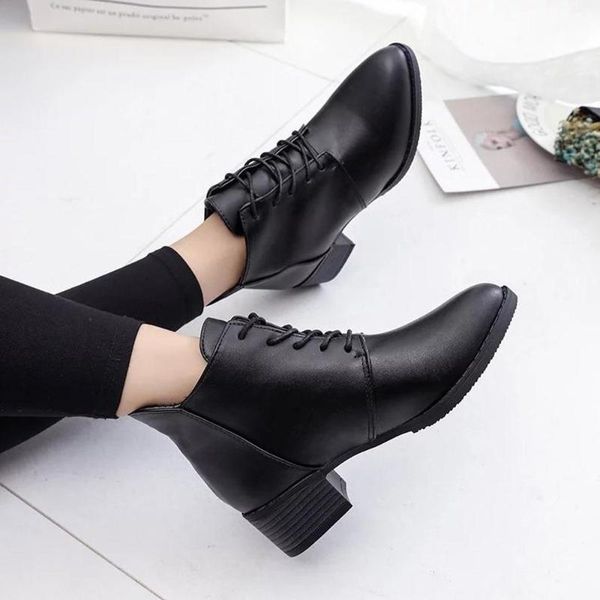 

2020 women fashion shoes vintage boots thick short boots women's leather ankle female winter warm lace-up shoes botas, Black