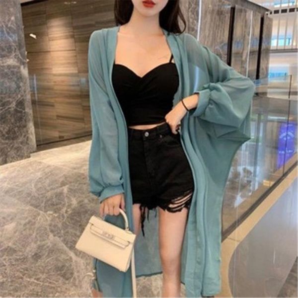 

1pcs women blouse summer puff sleeve long chiffon shirt kimono cardigan black white loose kimono ladies sun protective, White;black