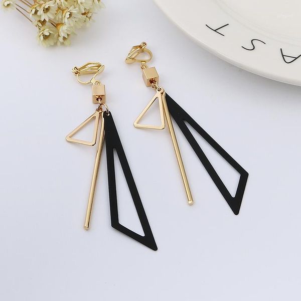 

clip-on & screw back korean personality fashion triangle geometric clip on earrings without piercing retro female tassel long women ear clip, Silver