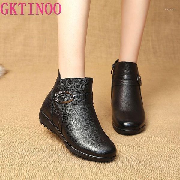 

gktinoo winter genuine leather flat ankle boots for women warm plush boots side zipper soft comfortable cow leather botas1, Black