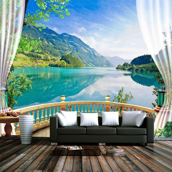 

wallpapers drop custom 3d wallpaper balcony window blue sky white clouds lake forest scenery sofa tv backdrop mural wall paper1