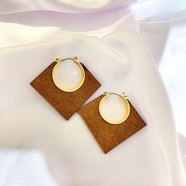 

ustar square wood hoop earrings for women female hollow round geometric modern fashion party jewelry gifts, Golden;silver