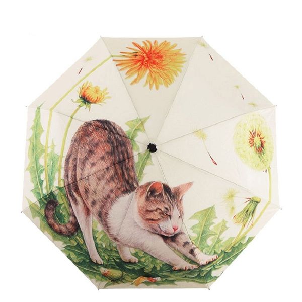 Tianqi Novo Arraival Art Pintura A óleo Guarda-chuva Três Dobra Paraguas Mulheres Parasol Anti-UV À Prova D 'Água Chuva Guarda-chuvas Cat Cat 201112