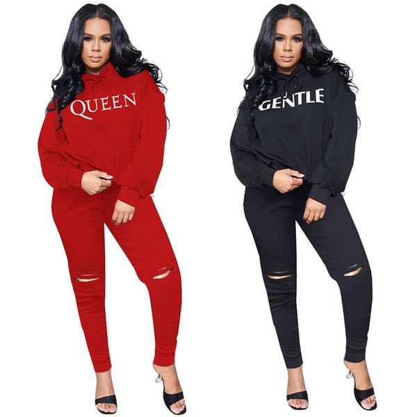 

letter pattern womens 2pcs tracksuits long sleeve hooded woman sweatshirts and hole slim casual pants autumn winter women clothing, Gray