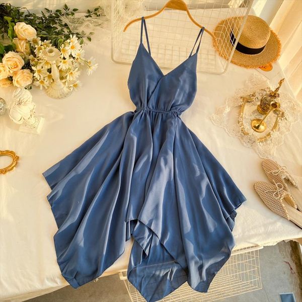 

2020 slim v neck asymmetrical summer midi dress party vestido de festa spaghetti strap women casual beach irregular dresses, Black;gray