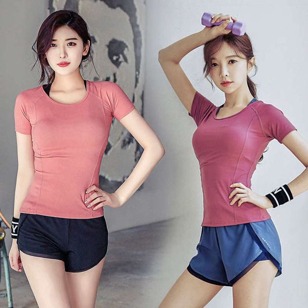 

elastic new style fast dry high seamless dance suit short sleeve yoga pants leggings shorts set for women, Gray