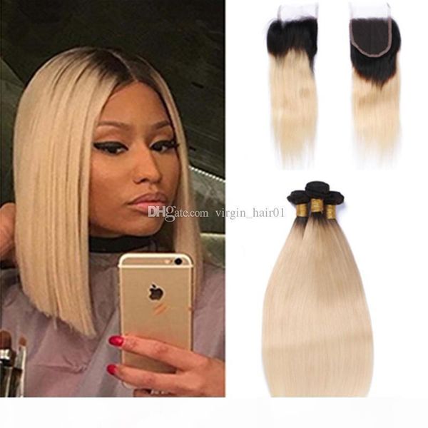 

9a unprocess two tone 1b 613 ombre brazilian virgin human hair weaves with closure frontal straight blonde ombre lace closure with 3 bundles, Black;brown