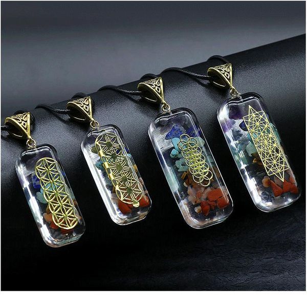 

7 chakra orgone necklace energy healing pendant rainbow crystal stone pendulum yoga meditation resin necklace women men jllfix, Black