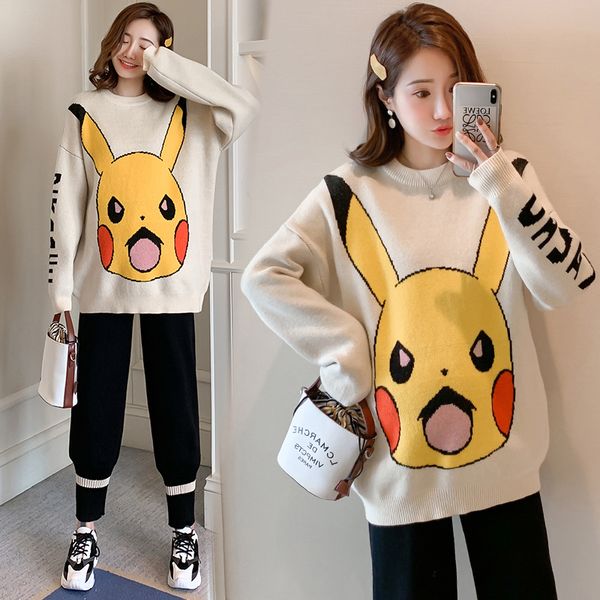 

pregnant women's suit 2-piece set fashionable lovely versatile loose cartoon knitted sweater with plush adjustable pants autumn and, White