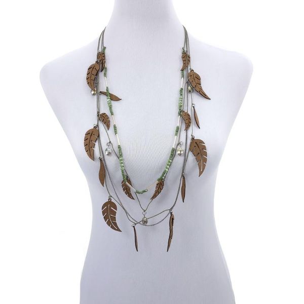 

chains green tree leaf statement women bohemin trendy ethnic long seed beads strand crystal pendant necklace fashion jewelry, Silver