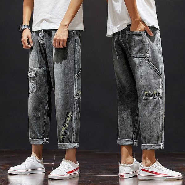 

men's jeans plus size 28-42 korean fashion men pants loose cropped street wear hip-hop denim overalls, Blue