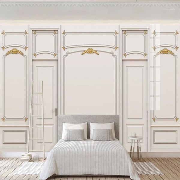 

drop shipping custom mural wallpaper for bedroom walls 3d european style golden plaid door background wall decoration painting1