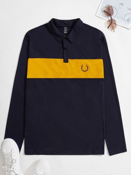 

men antler embroidery contrast panel polo shirt t9cd#, White;black