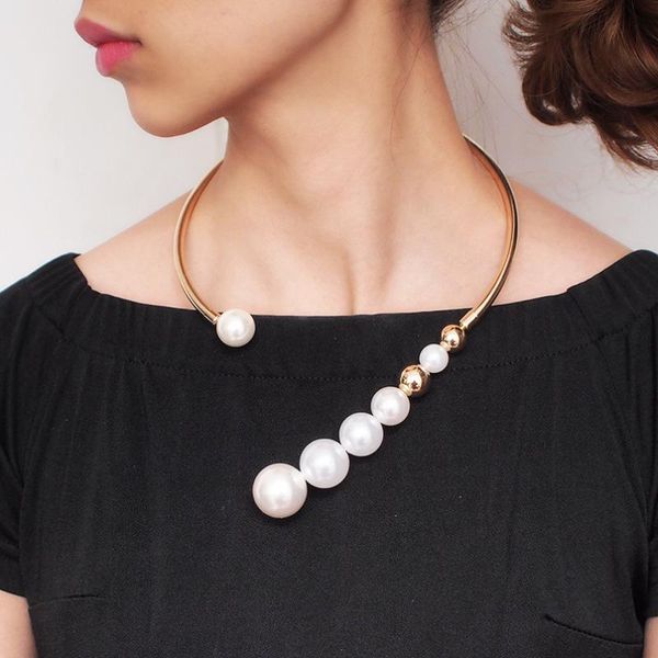 

pendant necklaces metal torques simulated pearl choker necklace for women unique punk jewelry statement bib collar fashion accessories, Silver