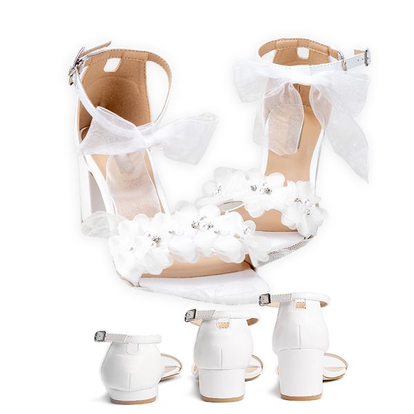 

wedding sandals white lace flowers pearl rhinestone bow ribbon sweety princess style lower square heels short fat heels big size y200702, Black