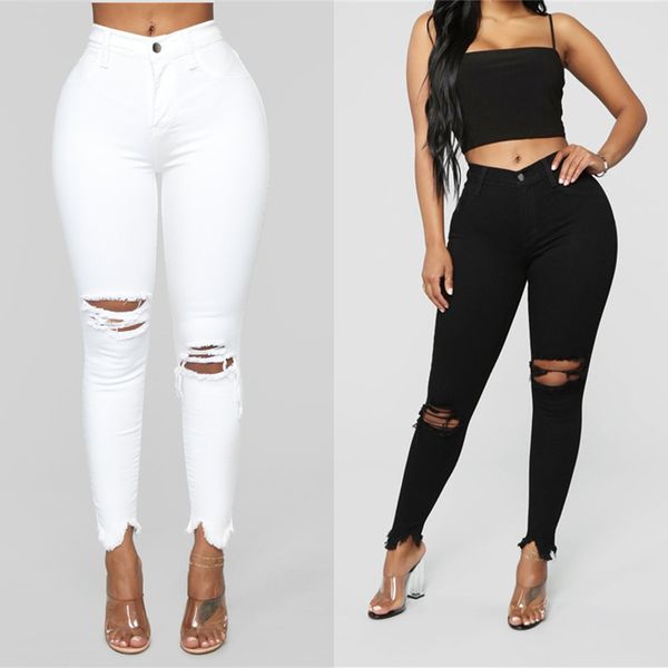 

women's jeans pencil pants with elastic water wash and white solid color holes, Blue