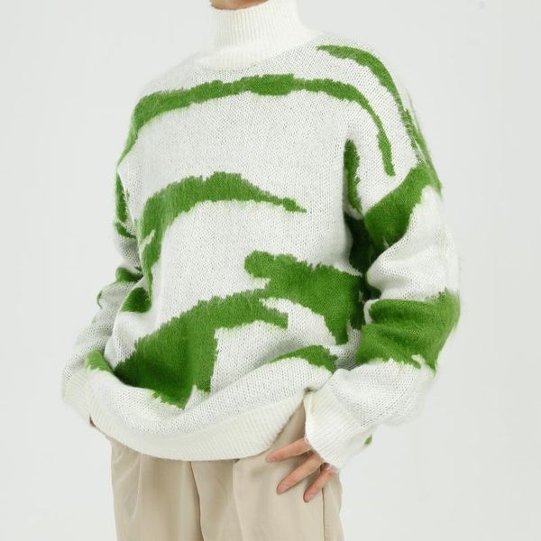 

men tie-dye pattern pullovers turtleneck sweater male women korean streetwear loose casual knitting couple sweater, White;black