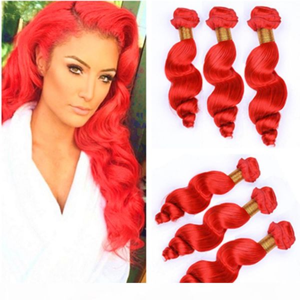 

virgin peruvian human hair pure red loose wave weave bundles loose wave bright red color virgin hair wefts extensions 3pcs mixed length, Black;brown