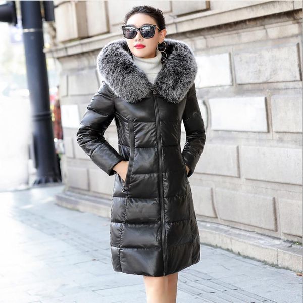 

real leather 90% duck parkas winter coat thick fashion feminine long fox skin with hood down f774 jacket, Black