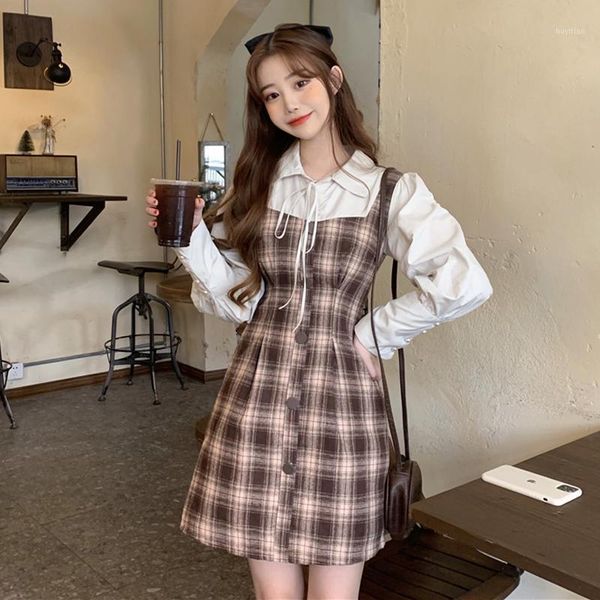 

dress mori new french plaid stitching fake two-piece waist dress for women in autumn and winter of 20201, Black;gray