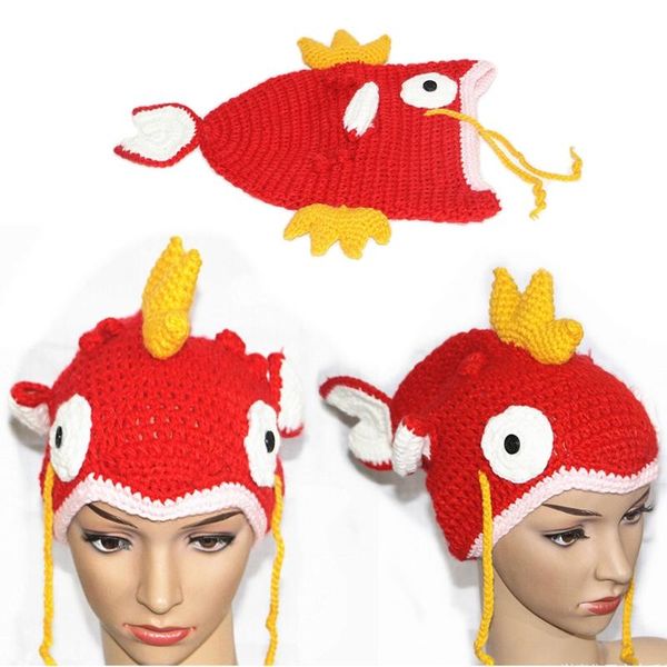 

kids handmade crochet knitted beanie hat funny goldfish carp animal elastic skull cap cosplay party p props, Blue;gray