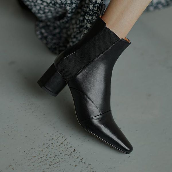 

boots 2021 est square toe ladies genuine leather concise high heels pumps working party shoes woman, Black
