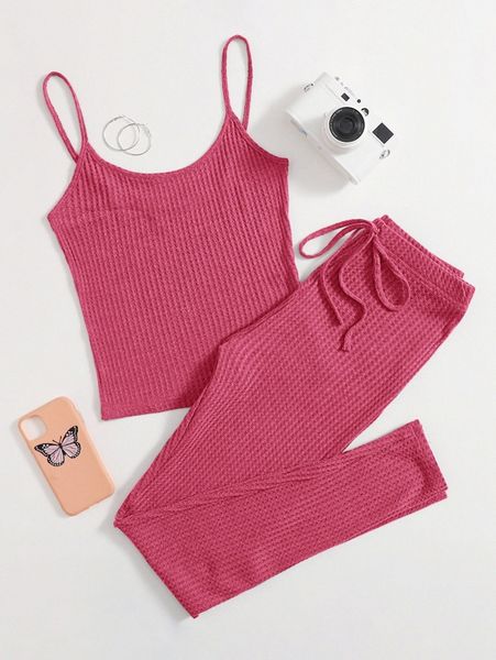 

waffle knit cami & knot waist leggings set z4um#, White