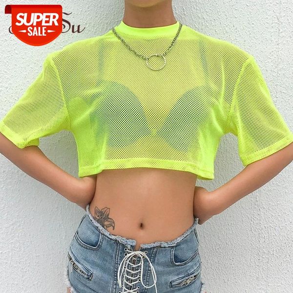 

artsu neon green mesh short sleeve crop transparent woman shirts casual tee shirt femme summer asts20775 #pk27, White