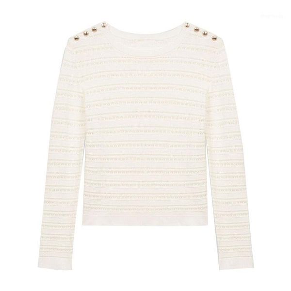 

women sweater 2020 spring and summer new women's round neck hollow button knit sweater1, White;black