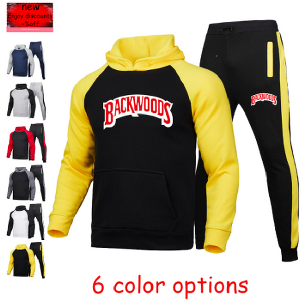 

fashion stitching men's sportswear suit backwoods printed sports hooded sweatpants 2 jogging kg-21, Black