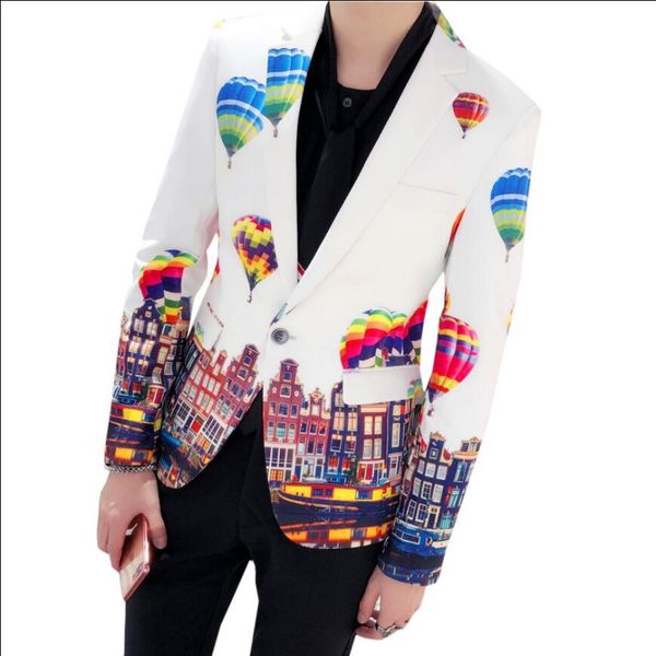 

2020 new male jacket thin hair stylist autumn print suit small stream disco dj costumes i71p, Black;brown