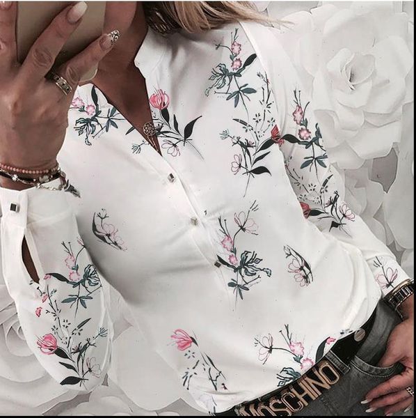 

womens heart print blouse shirt 2021 autumn casual long sleeve v neck shirts ladies elegant buttons flower blouses, White