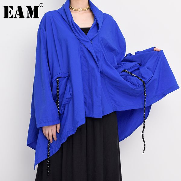 

[eam] loose fit blue big size irregular jacket new v-collar long sleeve women coat fashion tide spring autumn yg49105 201026, Black;brown