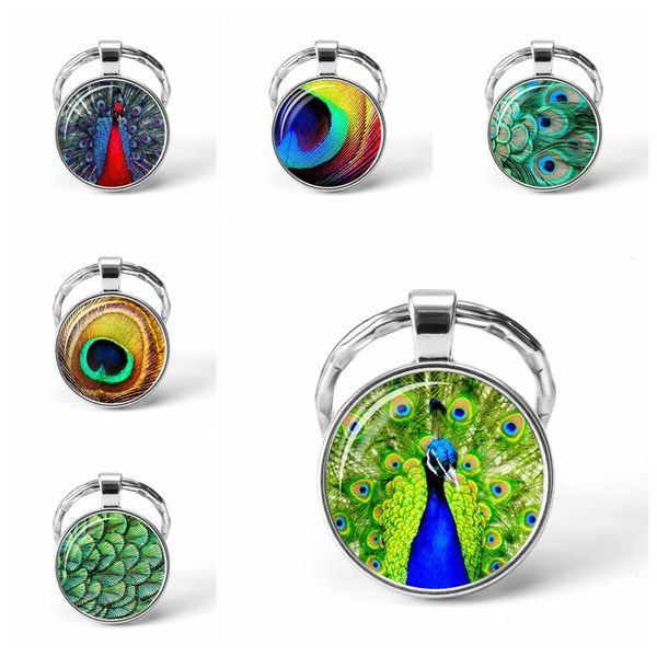 

beautiful peacock keyring glass cabochon keychain women bag key ring handmade silver color pendant key holder jewelry gift, Slivery;golden