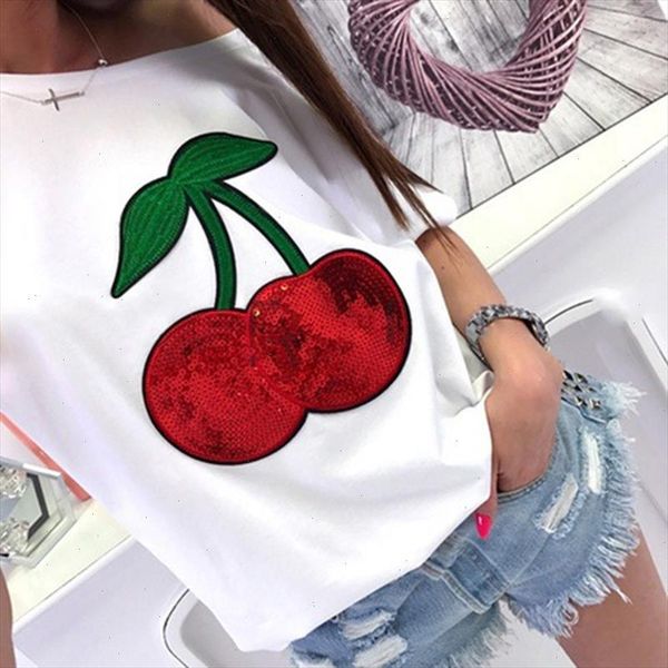 

summer off shoulder t shirt women t shirt sequin cherry applique t shirts tee shirt femme, White