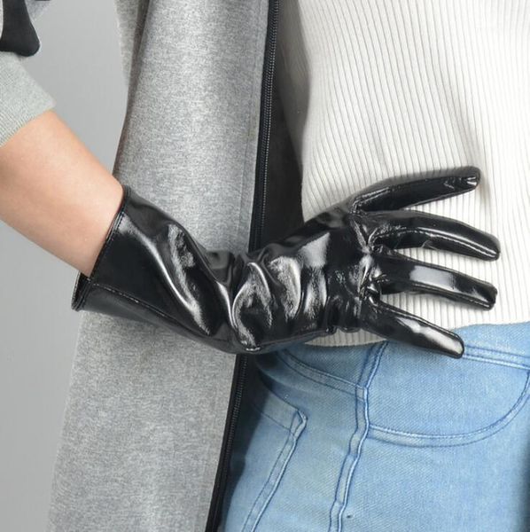 

five fingers gloves women' patent pu leather medium long female runway fashion driving glove 28cm tb8571, Blue;gray