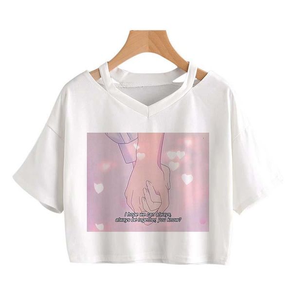 

summer harajuku new streetwear fashion t shirt i hope we can always together cartoon printed letter woman tshirt crop casual, White