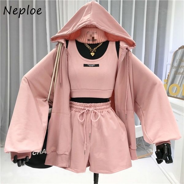 

neploe casual all-match suit women's letter vest + drawstring shorts hooded zipper jacket fashion three-piece set 220315, White