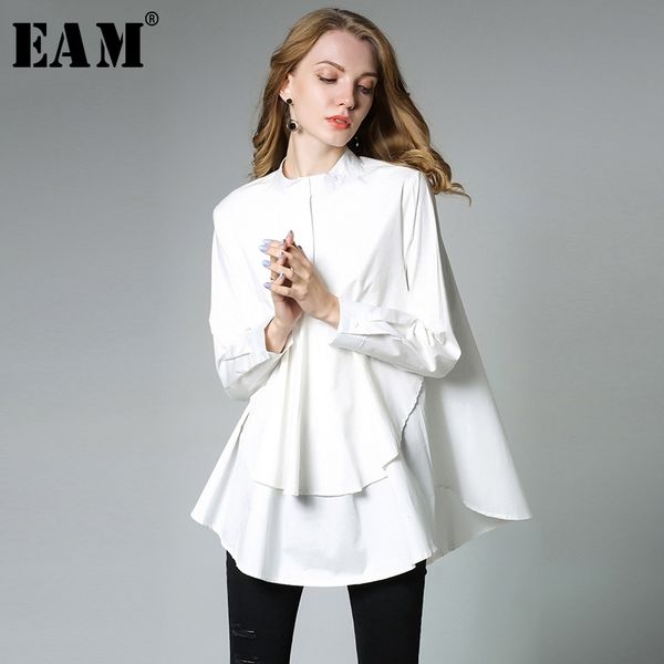 

[eam] new spring stand collar long sleeve solid color black white asymmetry loose big size shirt women fashion tide c0061 y200402