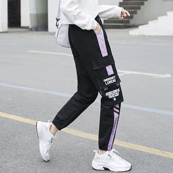 

cotton high waist cargo pants women harajuku pockets patchwork black trousers joggers women slim casual pants sweatpants, Black;white