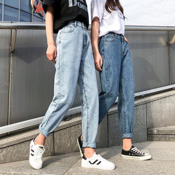 

high waist jeans woman plus size street style elastic waist denim pants cotton loose coated vintage washed boyfriend jeans 20201, Blue