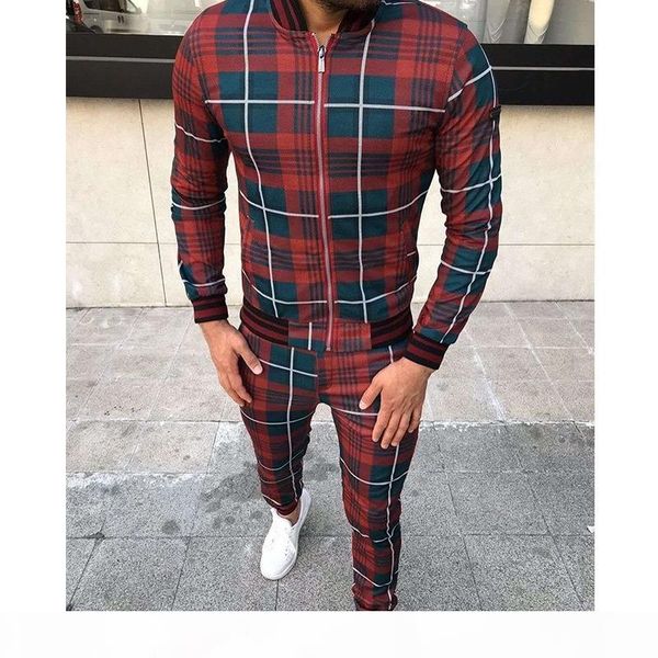 

2020 gentlemen tracksuit fashion sporting suit men brand plaid zipper sweatshirt+sweatpants mens clothing 2 pieces sets, Gray