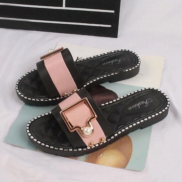 

summer women flat slippers metal decoration slides outdoor beach flip flops shoes female comfort fashion ladies sandals 2020 #v45w, Black