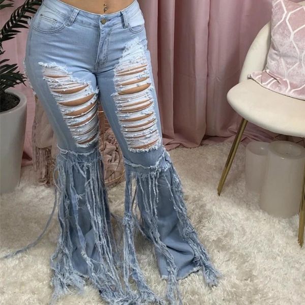 

fashion high street women jeans high waist solid tassels ripped holes baggy long pants flared bottoms female trousers size s-xxl1, Black;white